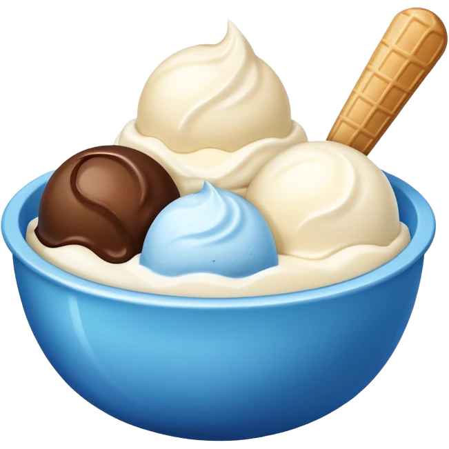 Blue bowl with 3 scoops of ice cream in it: white, brown, and white emoji