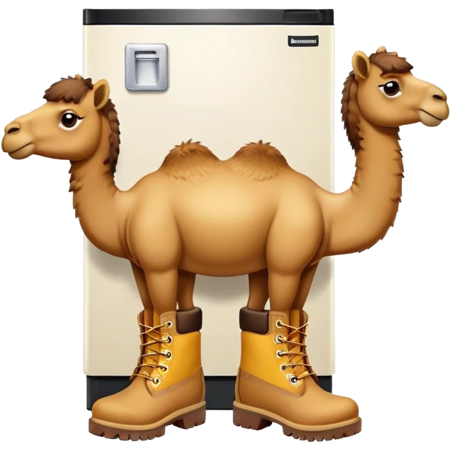 A camel face with long eyelashes on top of a boxy white refrigerator body, with four yellow-brown Timberland boots at the bottom emoji