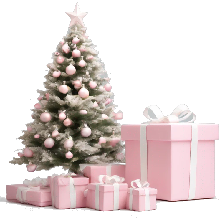 Light pink Christmas gifts under a white Christmas tree  emoji