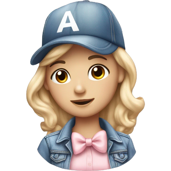 A white beautiful girl wearing denim baseball cap and a soft pink bow tie emoji