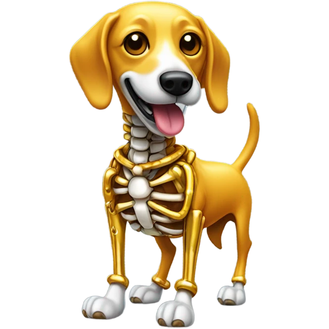 Skellington made out of chrome with the golden smile holding a wiener dog dressed up as a hotdog emoji