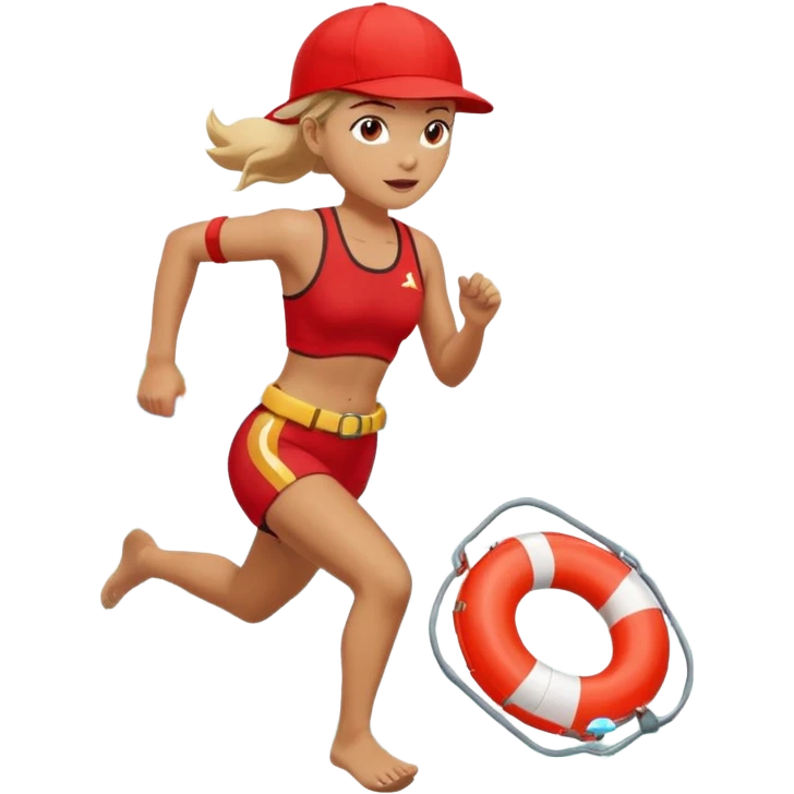 Female lifeguard – red cap, running along shore with rescue buoy emoji