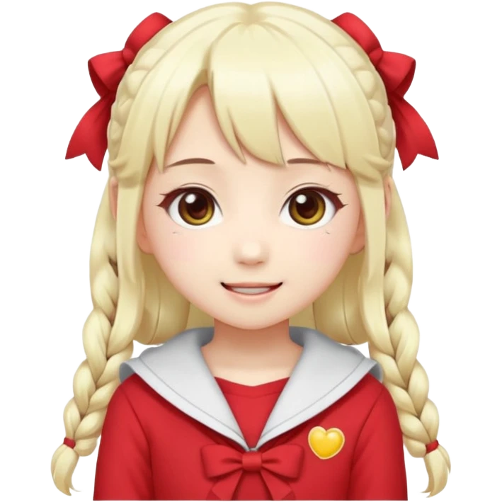 Cute kawaii emoji-style Japanese K-pop girl, long platinum blonde hair in twin tails, red outfit, Japanese K-pop idol vibes, big sparkling eyes, chibi proportions, clean lineart, pastel colors, cheerful idol smile, sticker/emoji style, transparent background emoji