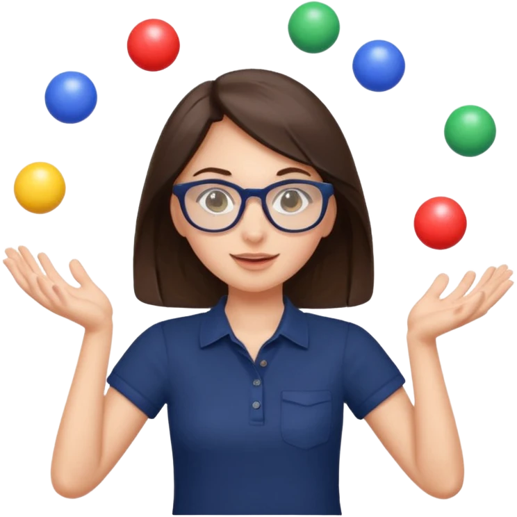 a cute brunette girl in a navy shirt wearing glasses,  juggling multicolored balls with two hands  emoji