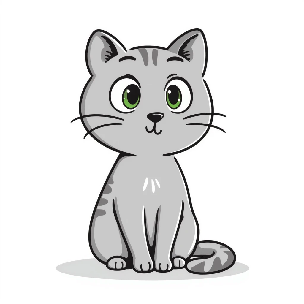 Elegant gray cat with smooth fur, large green eyes, serene attentive expression, sitting facing camera, soft lighting emoji