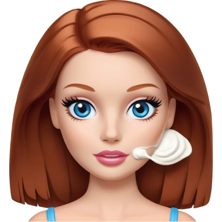 A Barbie face blue eyes with shoulder-length reddish brown hair, makeup with a cream mask on her face on her head emoji