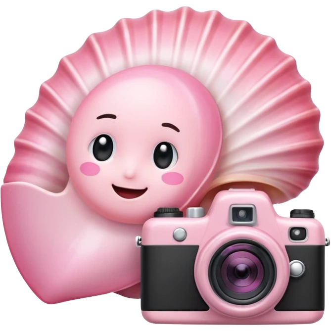 A cute seashell emoji with a tiny camera next to it, symbolizing capturing beach memories. Playful, modern emoji style, soft pastel colors, white background. emoji