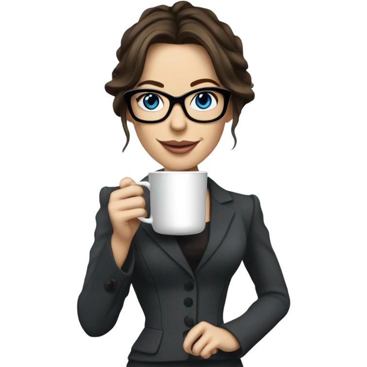 Realistic Kate Beckinsale blue eyes wearing glasses in a business dress drinking a cup of tea  emoji