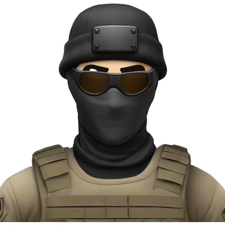 White male, call of duty black mask, camo tactical gear, tan combat boots, black beanie, blue eyes emoji