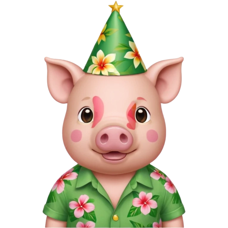 Pig with green aloha shirt, birthday hat emoji
