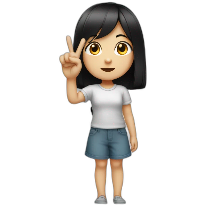 Small white skin black haired girl showing 3 fingers up, 2 closed emoji