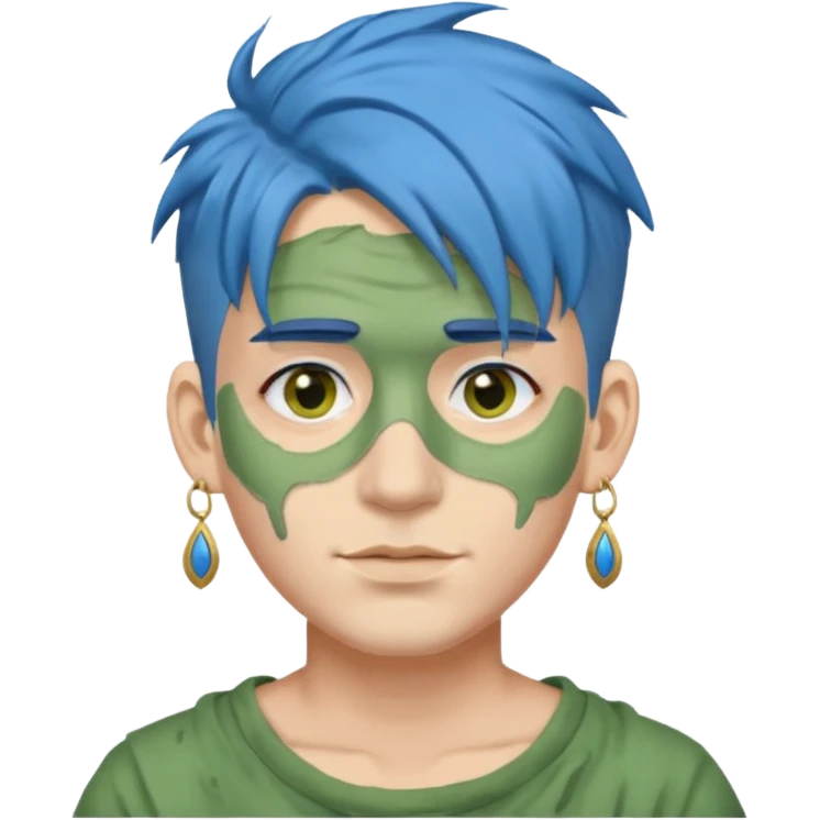 messy green clay mask man with earrings and blue hair emoji