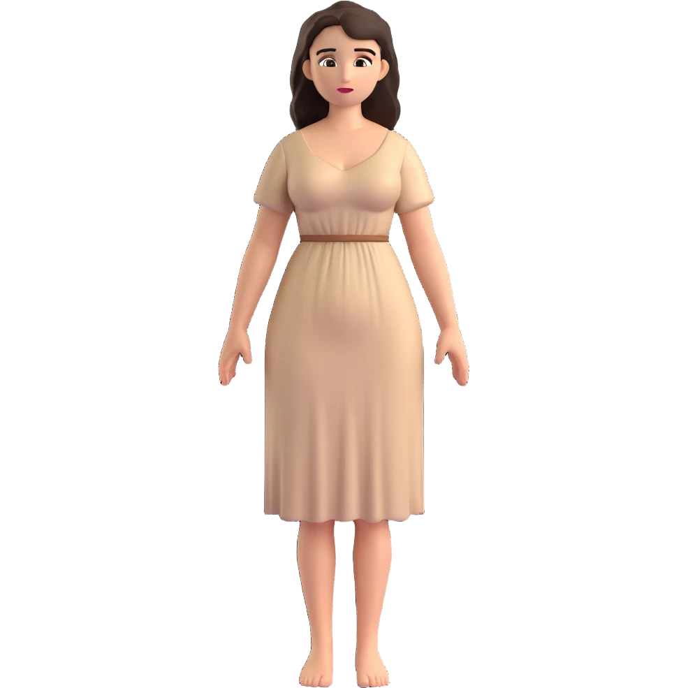 fullbody Mary Magdalene, fit and buxom body, very pretty detailed face, normal height, simple light tan dress, arms down with hands by hips, dark hair emoji