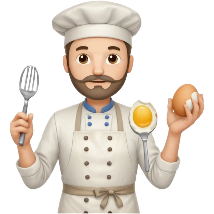 Middle aged male pastry chef - with a small beard, apron, white hat, holding an egg beater in his right hand, and his left hand naturally hanging down to his side emoji