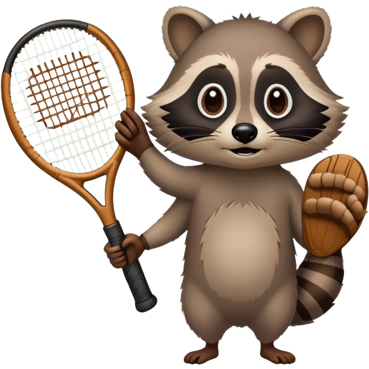 tennis racket held by a raccoon paw and forearm, no raccoon body emoji