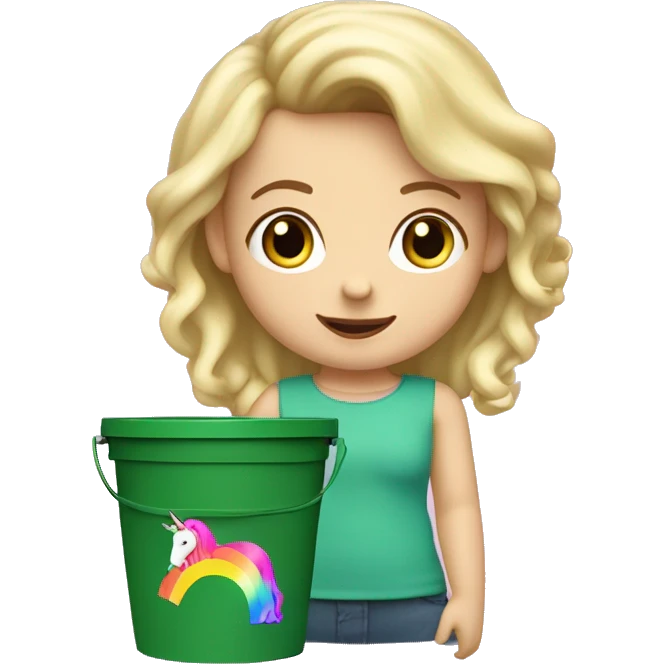 Caucasian female two year-old with blonde hair, ￼￼ writing, a pink unicorn with rainbow colored hair inside of a green bucket emoji