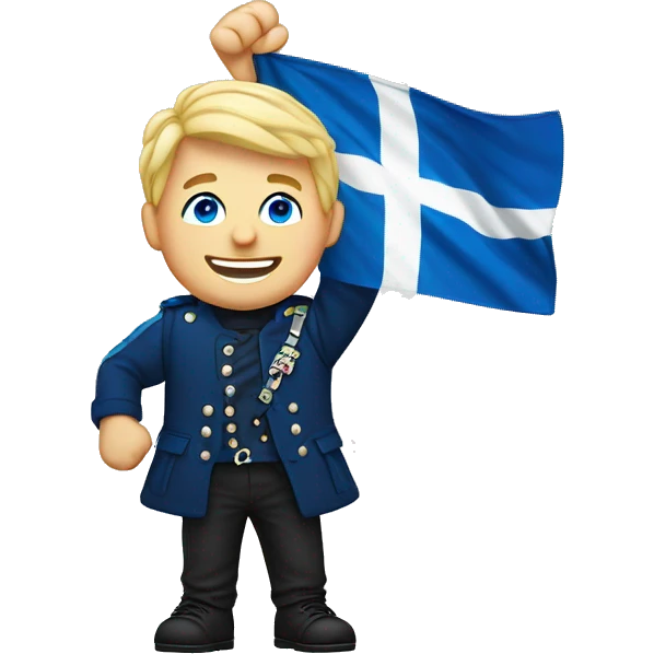 Male with blonde hair and blue eyes waving hand smiling with a Scotland flag 🏴󠁧󠁢󠁳󠁣󠁴󠁿  emoji