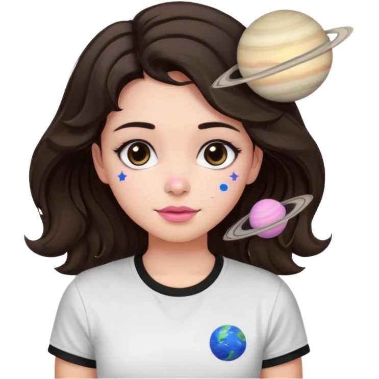 I want to design a girl with wavy hair that is dark brown, close to black And you wear a T-shirt Its color above the neck and sleeves is black The bottom is white, with a star and the planet Saturn on it Her eyes are also dark brown, and her cheeks are pink emoji