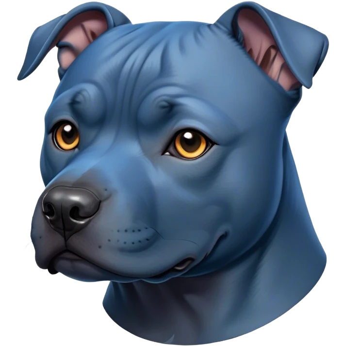 Cinematic Noble Blue Staffordshire Bull Terrier Portrait Emoji, Poised and regal, with a compact, muscular build and a sleek, well-groomed blue Fur, deep-set soulful dark eyes, Simplified yet sharp and sophisticated features, highly detailed, glowing with a soft, dignified glow, high shine, intelligent and loyal, stylized with an air of strength, focused and attentive, soft glowing outline, capturing the essence of a watchful and confident guardian, so majestic it feels as though it could stride out of the screen with effortless authority! emoji