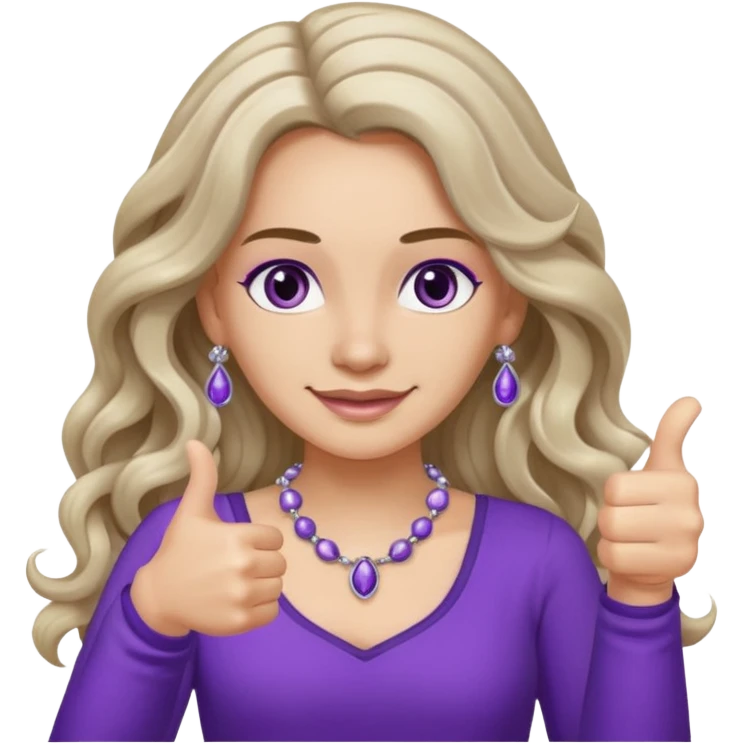 lady with long wavy русые hair, purple top, коричневыми eyes, thumbs up, с бусами белые и серебром на шее emoji