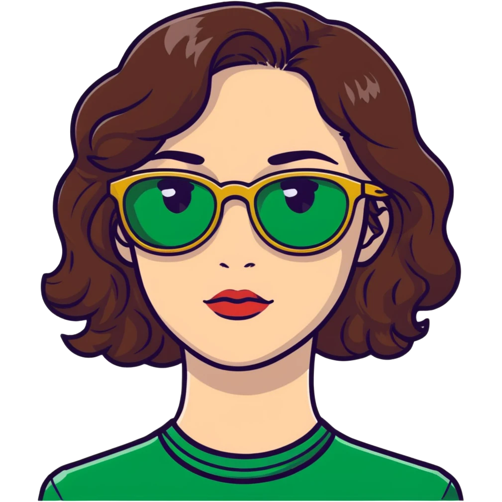 woman with pale skin, brown wavy hair, green eyes, gold glasses emoji