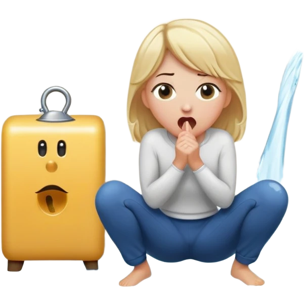 cartoonish blond woman sitting on her knees with surprised expression, wide cartoonish stick with a D-shaped knob coming out of a pair of pants hanging in front of her face, water stream squirting from the flat side of the knob into her open mouth, white couch in the background emoji