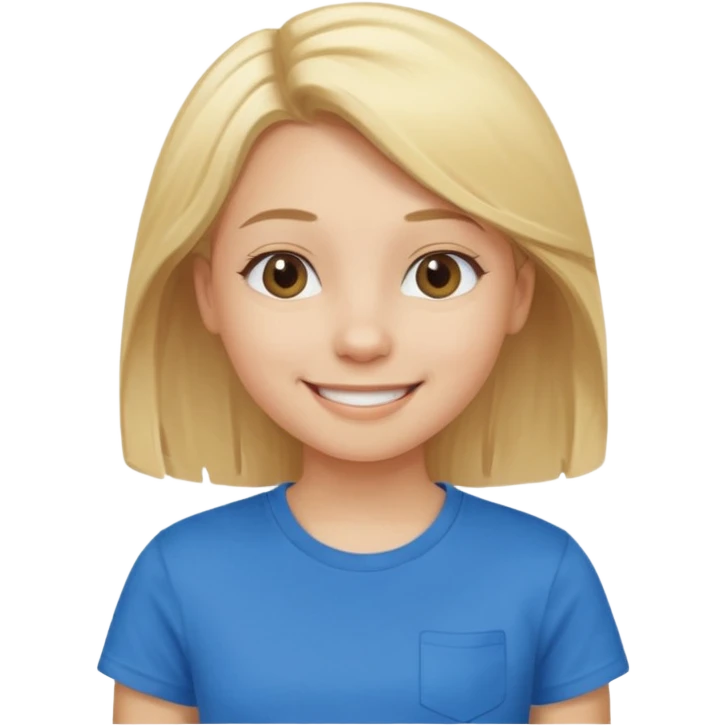 Young girl with blonde hair and a blue T-shirt, looking happy emoji