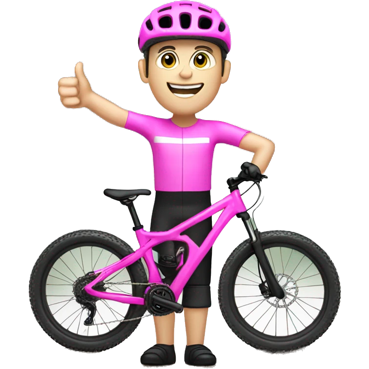 mountain biker with white skin, on pink bike with thumb up emoji