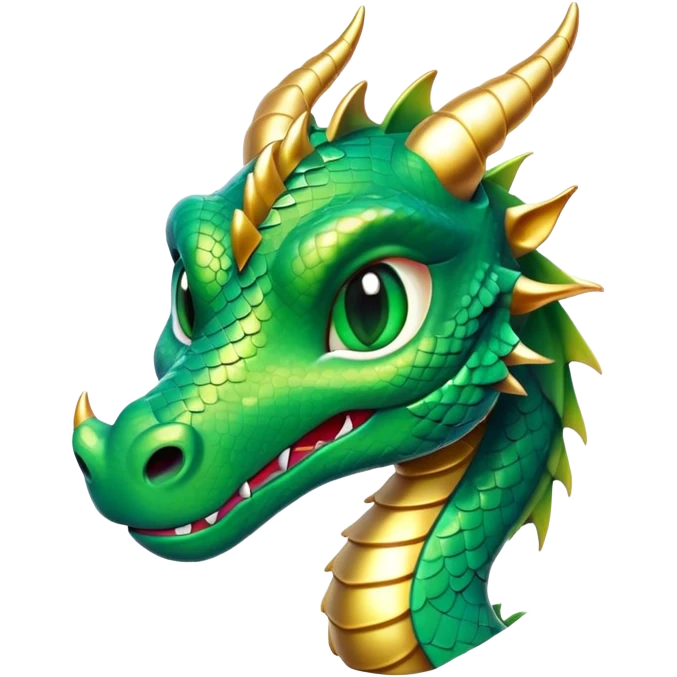 Cinematic Cute Dragon Portrait Emoji, Head tilted playfully and inquisitively, featuring a sleek, serpentine form adorned with iridescent scales that shift between emerald and gold, a delicate set of subtle horns, and round, sparkling eyes full of curious magic; rendered with realistic detail and warm natural light, high shine, affectionate and enchanting, styled with a touch of whimsical fantasy, soft glowing outline, capturing the essence of a mischievous yet lovable dragon that seems poised to slither playfully into your arms! emoji