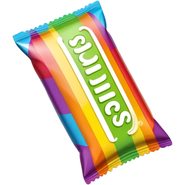 An extremely minimalist Skittles package, simple rainbow stripe design with a few green candies. Very clean and simplified. emoji
