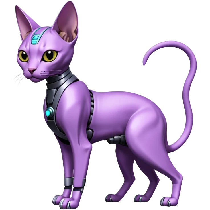 Black and purple futuristic mechanical technological shiny alloy modern realistic cool tough elegant sleek cyber-mecha-robo-sphynx-oriental--cat (full body) emoji