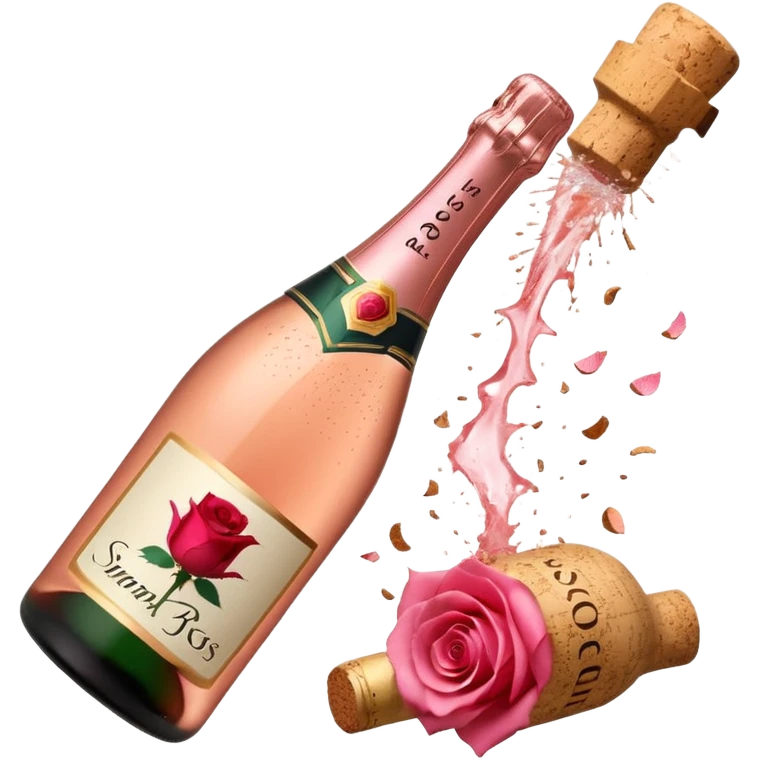 bottle of sparkling rosé champagne with a rose logo on the label, with the cork exploding out from the top, tilted up and to the left, no glass emoji