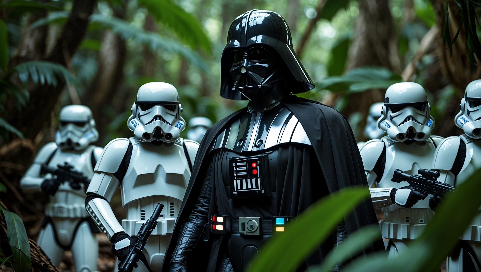 cinematic still, Closeup shot, amazon jungle, Darth Vader around stormtroopers is exploring the jungle, captured by arri alexa emoji