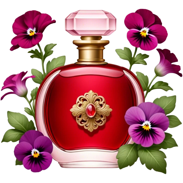 "An antique-inspired red perfume flacon with intricate details rests among blooming quartz pink pansies. The scene exudes timeless elegance with a touch of rustic beauty." emoji