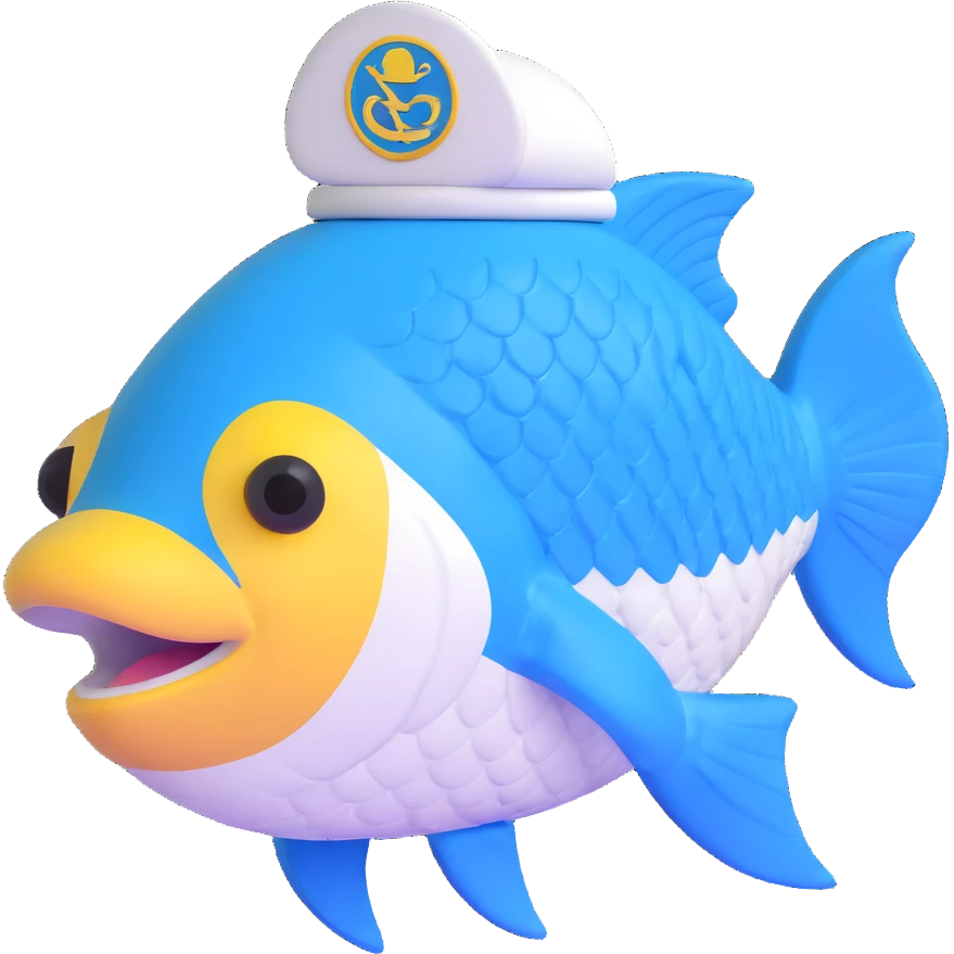 cheerful blue fish with visible scales, front-facing, white cap with Pescadería Buenos Aires logo emoji