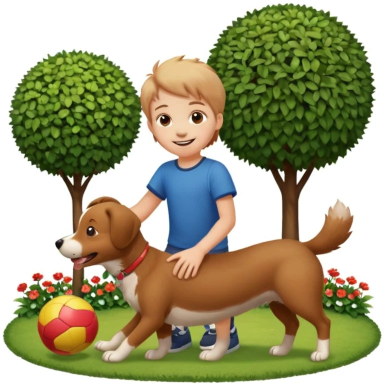 kid and dog playing with ball, garden background emoji