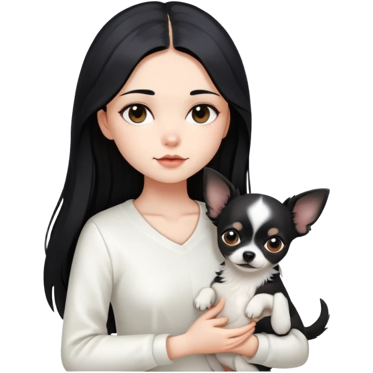 A girl with fair skin, long black hair, white clothes, gently tilting her head, holding a black Chihuahua tightly with both hands emoji