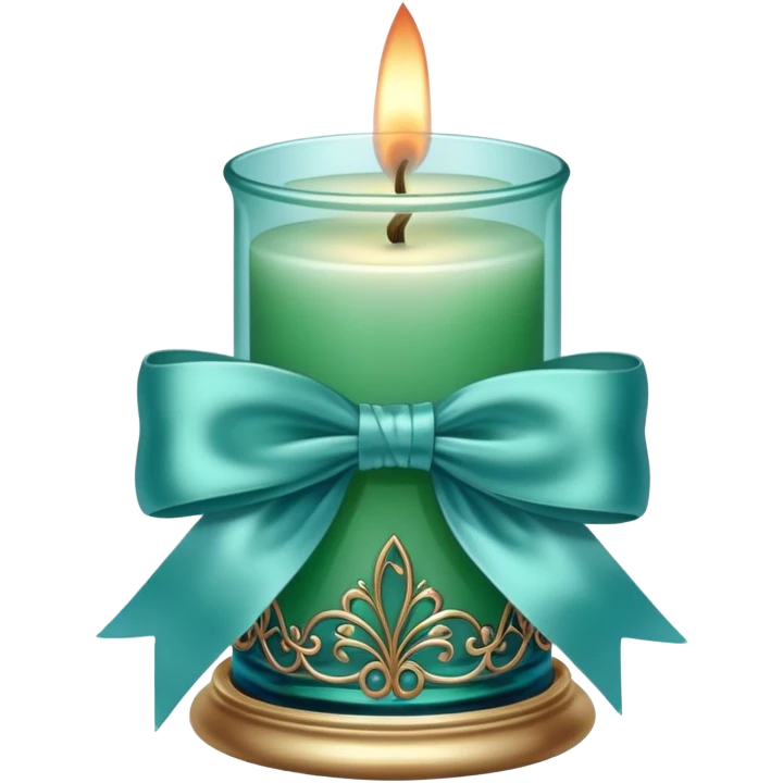 A soft blue candle in an ornate green glass holder, tied with a delicate satin blue bow. emoji