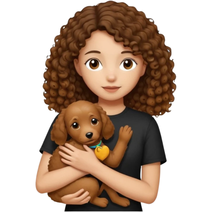 A girl with shoulder-length hair, dressed in a black tee, gently holding a curly-haired brown dog in her arms." emoji