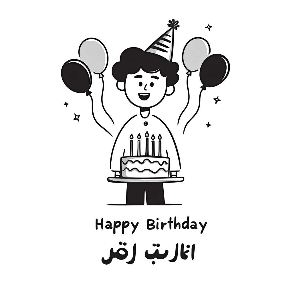 A cute little boy smiling with a birthday cake with candles and birthday decorations like balloons and party hats. At the bottom write in Persian text: "امیدرضاجان تولدت مبارک" emoji