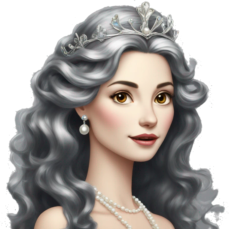 Regal pretty slender middle age woman photograph defined cheekbones high cheekbones crown vintage with very long iridescent black and silver hair wavy long hair pearl crown iridescent emoji
