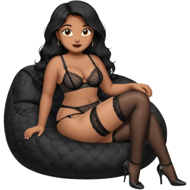 Curvy woman with brown skin with long wavy black hair, dark brown eyes. She's wearing a black lace lingerie, black lace thong, black stockings and suspender belt, she's sat on a big dark grey bean bag chair with her legs open and feet on the floor. She asks the camera to come closer emoji