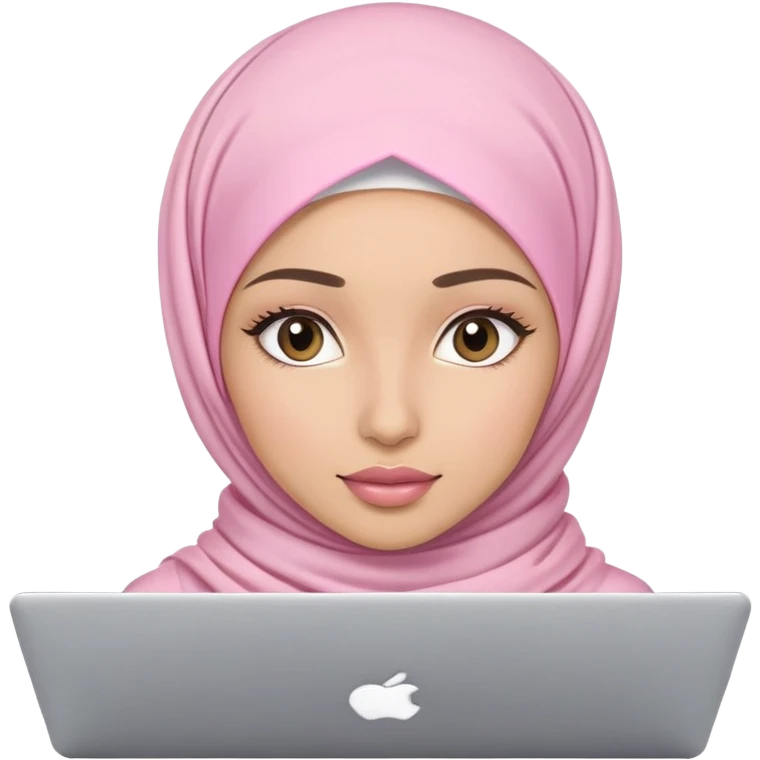 Light skin woman wearing light pink hijab with natural makeup, long eyelashes and lip gloss working behind laptop emoji
