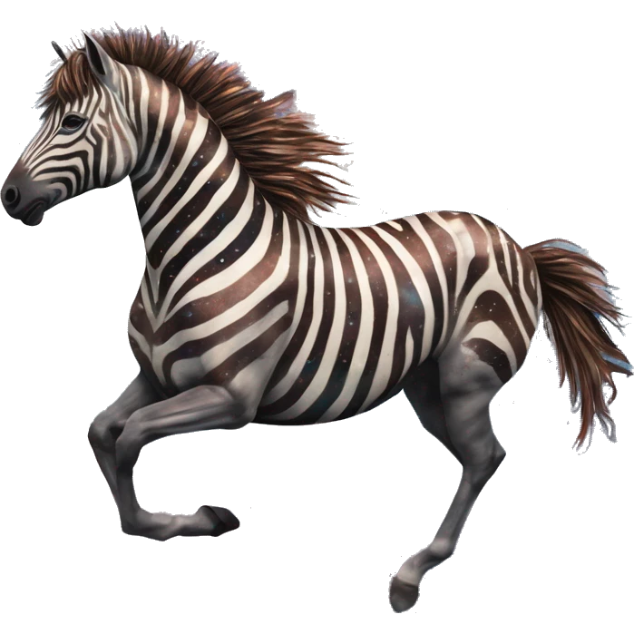 Ethereal zebra newspaper cutting flowers graffiti magazine collage glittering iridescent rich chestnut brown blue mane horse galloping through constellations and nebulas, unicorn Pegasus emoji