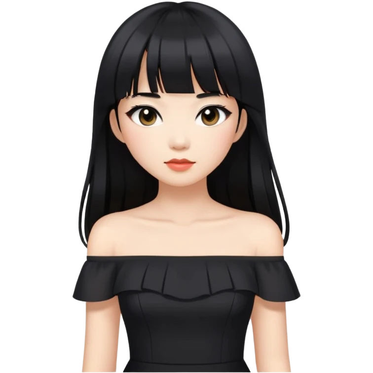 Asian woman with long black hair, straight bangs, black off-shoulder dress, and visible makeup emoji
