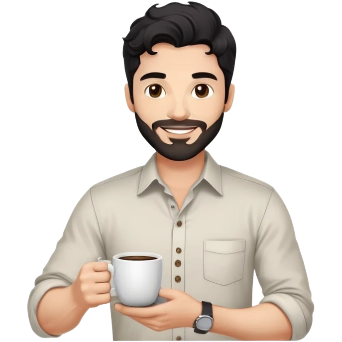 Casual portrait of a 35-year-old man with black wavy hair, stubble, strong jawline, white skin tone, wearing casual button-up shirt with rolled sleeves, holding coffee cup, friendly approachable smile, relaxed confident pose for social media emoji