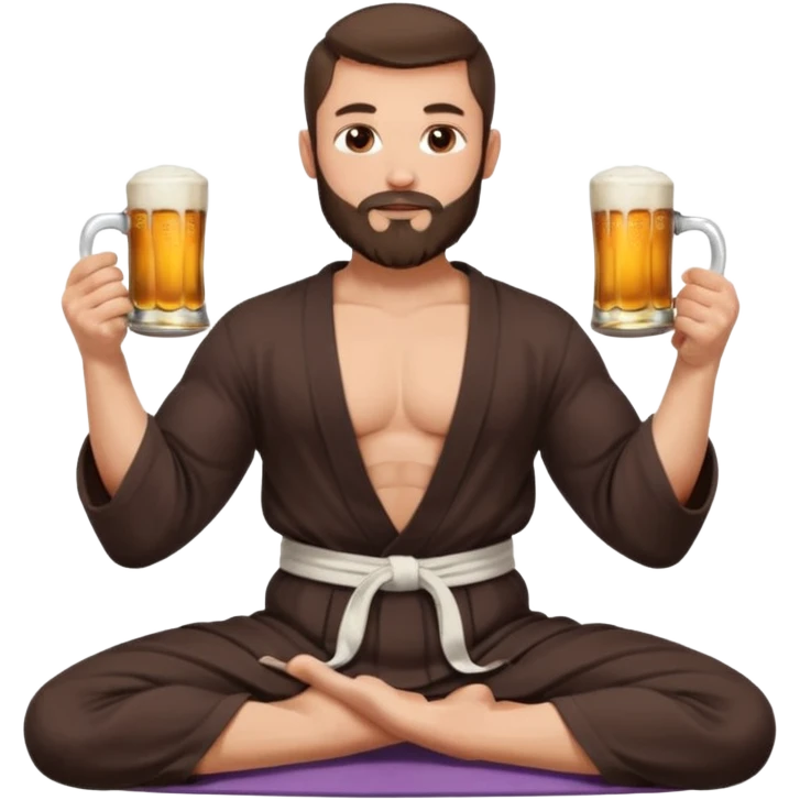 slavic muscled guy with dark brown hair and beard, sitting in yoga pose on a mat, dark colors robe, long and volume dark hair, holding beer mugs in two hands, sitting emoji