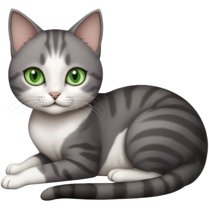 full body tiny short hair dark grey and white cat with white front legs and green  eyes lying down emoji