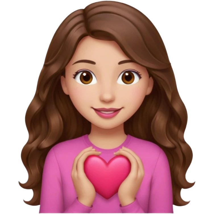girl with long wavy brown hair, brown eyes, light to medium complexion, in a pink shirt, pink lips, long lashes, smiling, hugging a heart emoji
