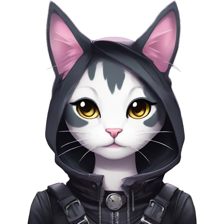 Gorgeous edgy shiny epic magical gradient gothic dark techwear anime style anthro cat with blushing face aesthetic and pretty edgy black with collar and harness trending style emoji